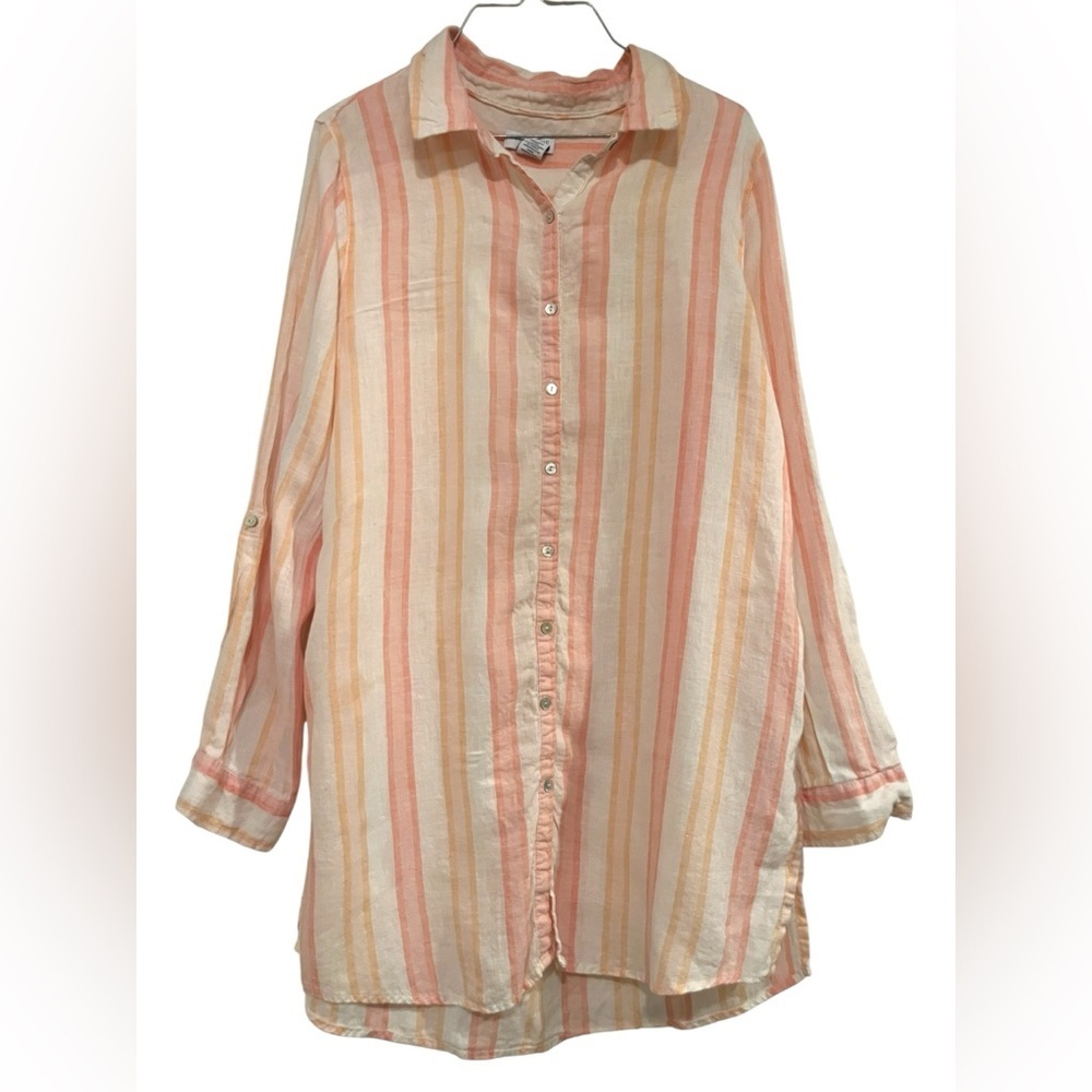 Antibes Blanc Striped Button Down Shirt Long Line Sz L